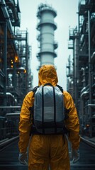 A Worker in Protective Gear Contemplates the Industrial Landscape of a Plant Amidst a Gloomy Atmosphere