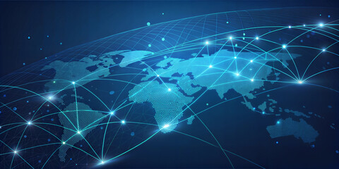 Technology dark blue background, global network connectivity concept with a digital world map and interconnected lines
