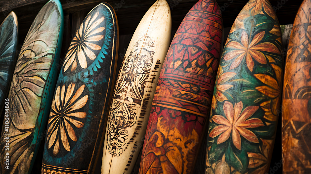 Poster hawaiian patterns adorn a set of surfboards