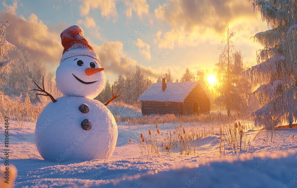 Poster a scenic christmas winter composition with a snowman and a blurred bokeh effect. ideal for a merry c