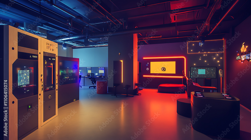 Poster innovative game design lab with interactive prototypes and user experience testing areas