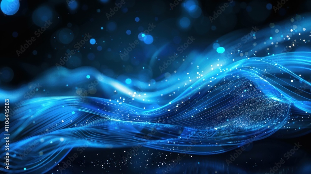 Poster abstract blue waves with glowing particles creating a dynamic visual effect, ideal for backgrounds a
