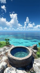 Naklejka premium A round wooden tub with water sits on a cliff overlooking the ocean.