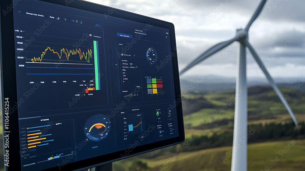 Poster Modern wind turbine with a detailed energy data analytics dashboard in the foreground, displaying real-time statistics and graphs for effective power production monitoring