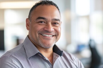 Fototapeta premium A confident man with a captivating smile is captured indoors, dressed in business attire, exuding professionalism and approachability in a modern corporate setting.