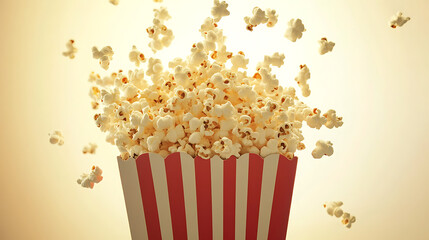 Popcorn pouring out of a red striped box on a light yellow background
