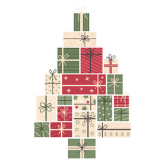 Naklejka premium Christmas tree made of gift boxes with festive patterns. Vector illustration isolated on white background.
