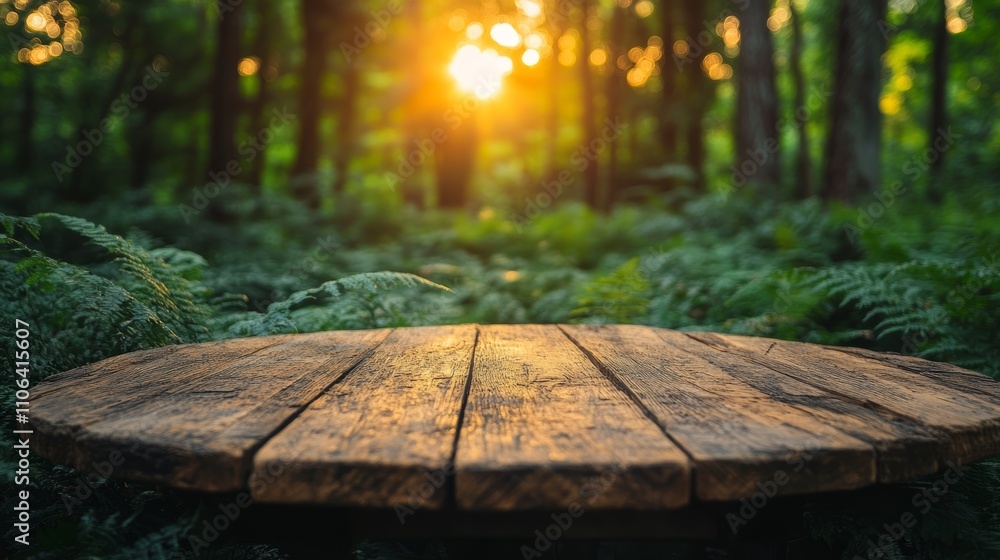 Poster a rustic wooden table in front of a blurred forest background with the sun shining through the trees