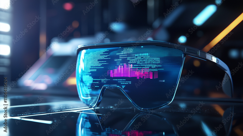 Poster closeup of futuristic smart glasses displaying data, charts, and code on a reflective surface. neonl