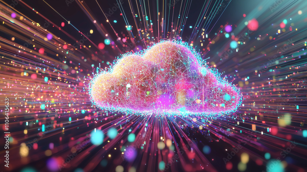 Poster a stylized cloud icon composed of colorful data streams and particles, radiating outwards, symbolizi