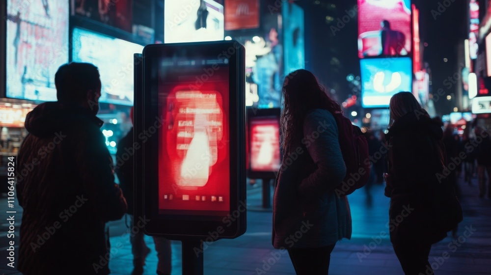 Poster people engage with digital advertisements in a bustling urban setting showcasing ai applications in 