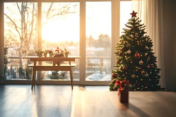 Warm sunlight illuminates christmas tree decorated with red and gold ornaments, creating cozy and festive atmosphere in modern living room during winter holidays