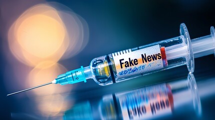 A close-up of a syringe labeled 'Fake News' symbolizing misinformation and its impacts.