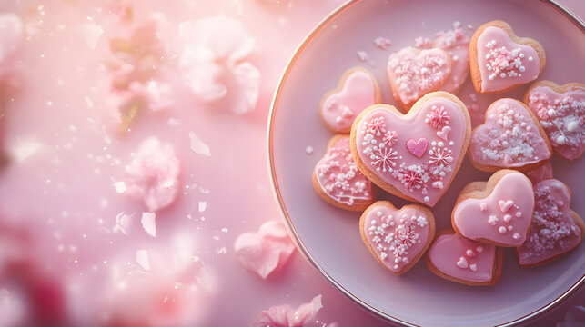 un plato vintage con galletas decoradas en color rosa pastel con decoraciones o petalos de rosa alrededor para san valentin dia del amor y la amistad celebracion o fiesta