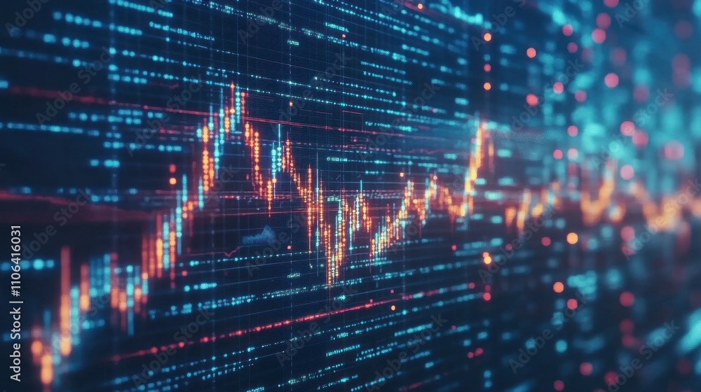 Poster abstract stock market data visualization: dynamic candlestick chart on digital screen
