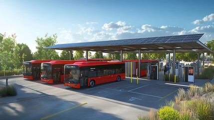 Fototapeta premium Solar-powered electric bus depot with smart charging stations and energy storage systems