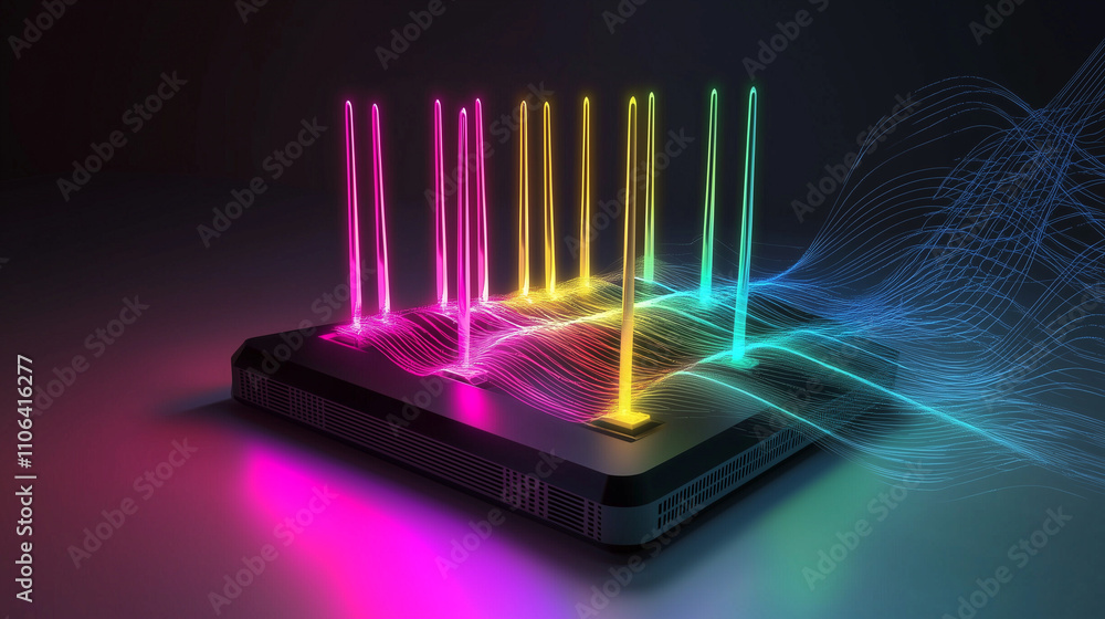 Poster a stylized illustration of a powerful computer processor with vibrant neon colored data streams eman