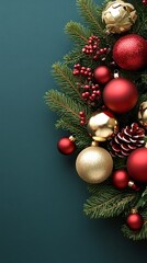 Naklejka premium Festive christmas wreath with red and gold ornaments, pine cones, and holly berries adorns a green wall, creating a warm and inviting holiday atmosphere