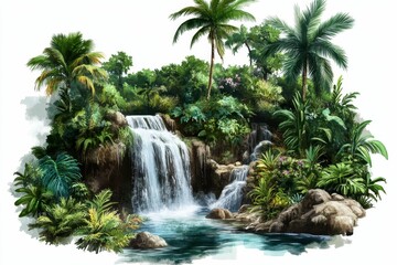 Lush tropical waterfall cascading into pool.