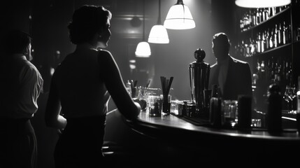 Woman at a dimly lit bar, 1940s style.