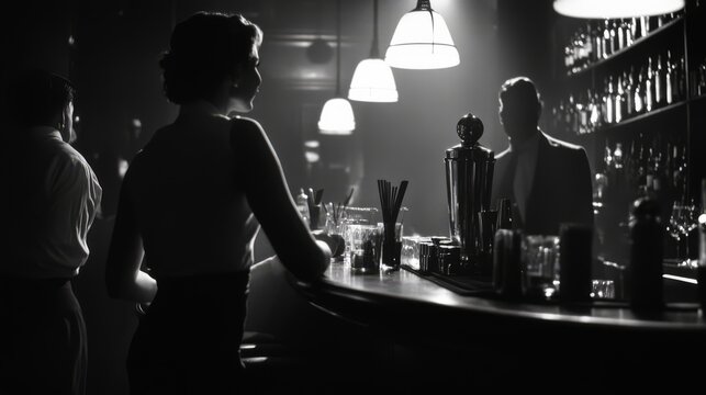 Woman at a dimly lit bar, 1940s style.