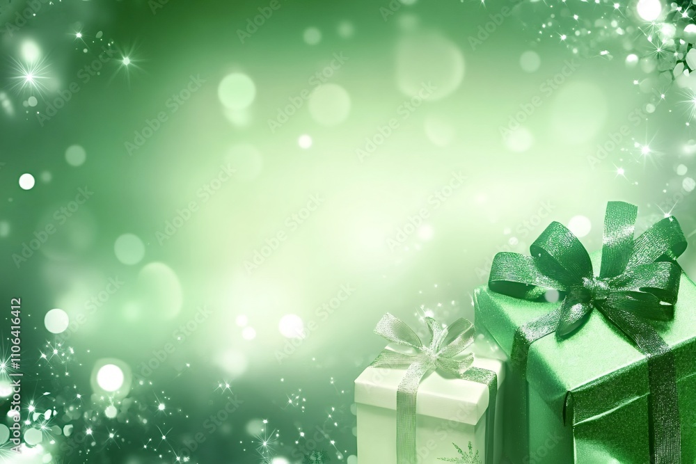 Aufkleber two christmas gifts with shiny ribbons are displayed on a sparkling green background with bokeh effe