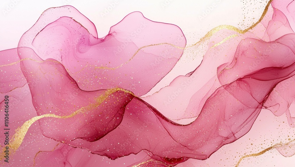 Poster elegant abstract design with flowing pink and gold fluid shapes creating a serene and sophisticated 