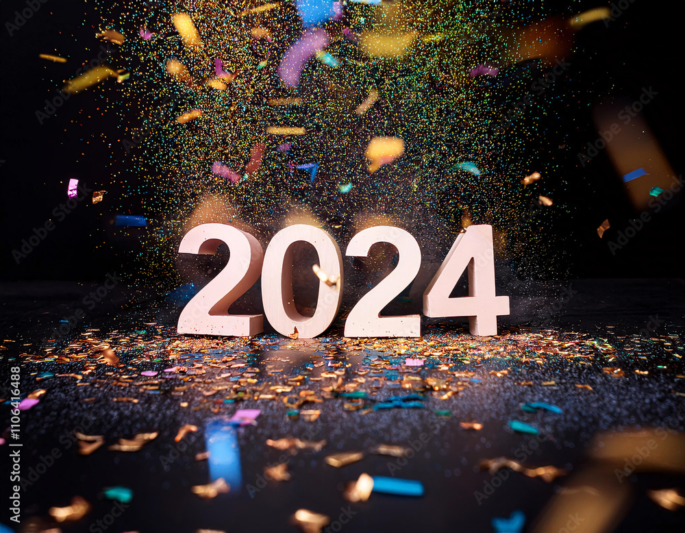 Poster colorful 2024 text with vibrant splashes and confetti on a dark background