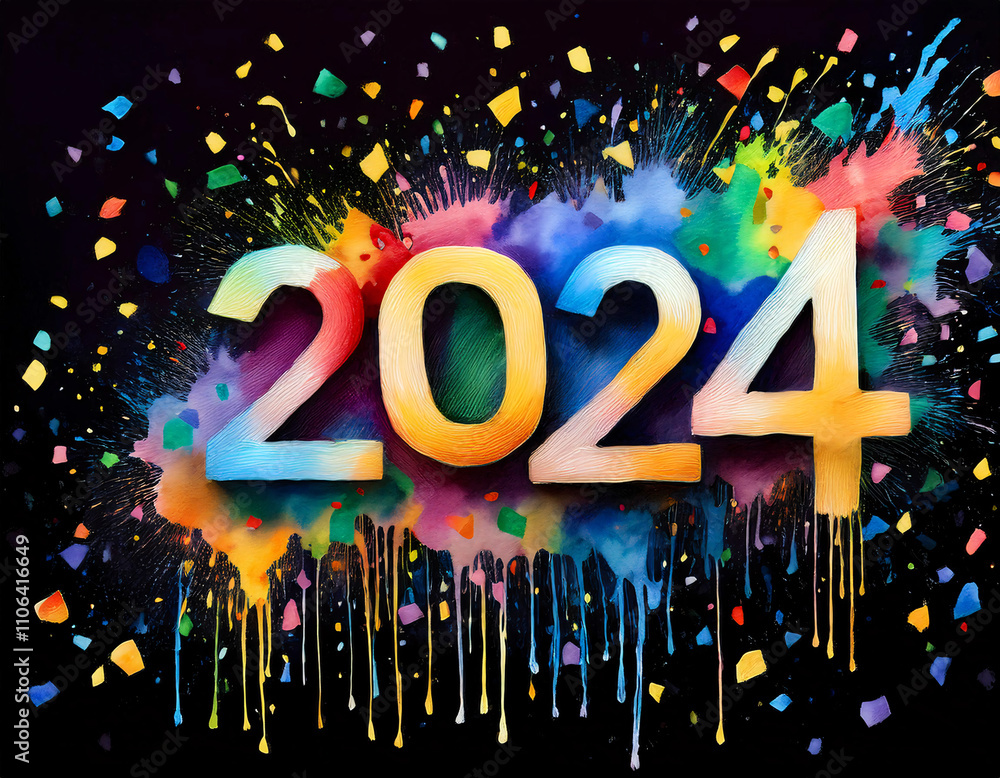Poster colorful 2024 text with vibrant splashes and confetti on a dark background