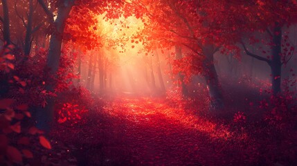 Fototapeta premium Mystical red forest path with sunlight and falling leaves.