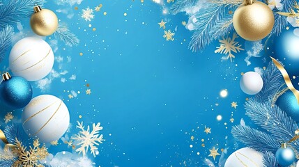 Fototapeta premium Christmas ornaments in blue, white and gold, snowflakes and snowy pine branches framing a light blue background with golden confetti, perfect for christmas greetings