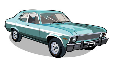 Fototapeta premium Classic vintage car in retro turquoise color parked on a simple background showcasing timeless automotive design and craftsmanship. Vector image, transparent background