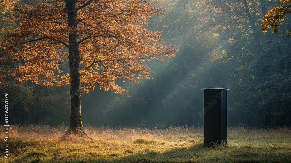 Poster a single tree with autumn leaves stands in a foggy meadow with a black structure in the background.