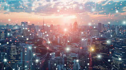 Obraz premium A drone hovers over a city, powered by 5G connectivity, enabling low-altitude economy growth through seamless, high-speed data exchange and smart urban networks.