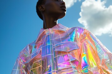 Futuristic mixed-media clothing, algorithmic patterns, holographic color transitions, sci-fi aesthetic