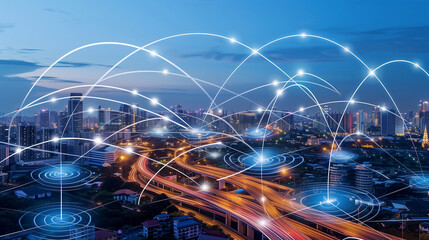 Obraz premium A drone hovers over a city, powered by 5G connectivity, enabling low-altitude economy growth through seamless, high-speed data exchange and smart urban networks.