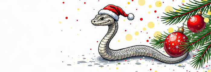 Obraz premium A festive snake wearing a Santa hat poses gracefully near vibrant pine branches adorned with shiny red Christmas ornaments, set against a snowy white background sprinkled with gold and red accents