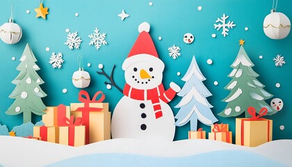 A paper cut illustration of a snowman in a snowy christmas landscape