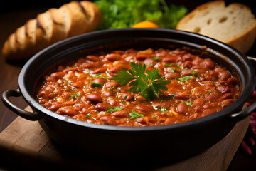 Homemade Baked Beans in Rich Tomato Sauce with Fresh Parsley Garnish