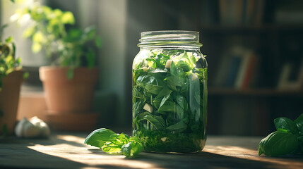 Jar filled with green basil leaves pesto and garlic