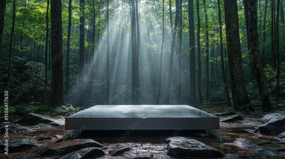 Poster a square platform sits in a misty forest with beams of sunlight breaking through the trees.