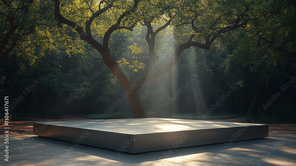 Poster a square platform with a sunbeam shining through tree branches.