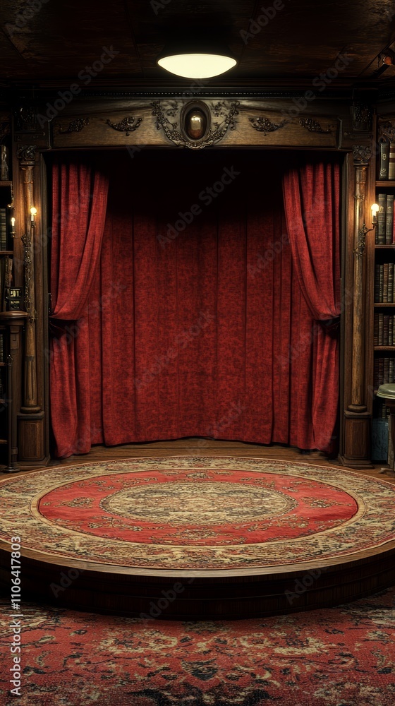 Poster a stage with red curtains and a circular platform in a dimly lit room with bookshelves.