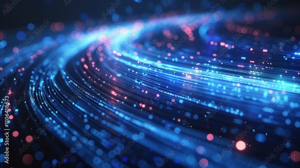 Poster glowing abstract blue and orange light trails creating a mesmerizing wave effect, representing techn