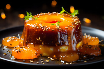 Golden Caramel Flan with Apricot Topping and Fresh Herb Garnish