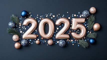 Numbers 2025 in rose gold are surrounded by colorful balloons and confetti on a stylish black background, marking the new year's arrival