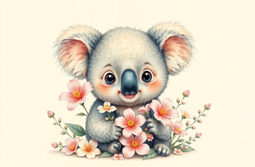 Fototapeta premium Cute koala holding flowers in a whimsical floral arrangement, showcasing the charm of Australian wildlife