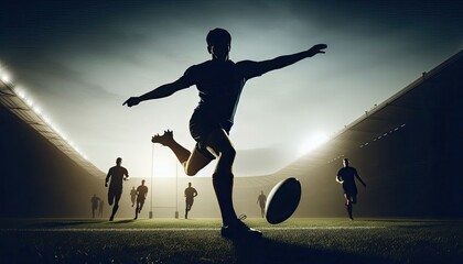 A rugby player kicking for goal, silhouette, action photography, aesthetics,