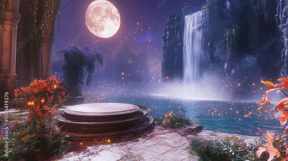 Poster a stone platform sits in a mystical forest with a waterfall and full moon in the background.