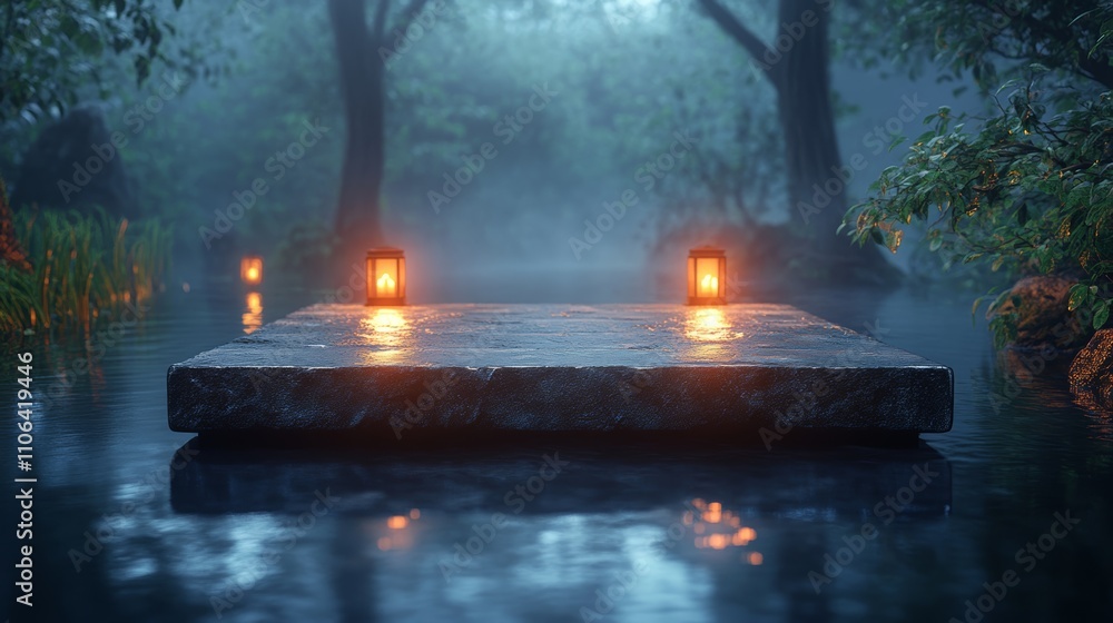 Poster A stone platform surrounded by fog and lit by lanterns in a misty forest.